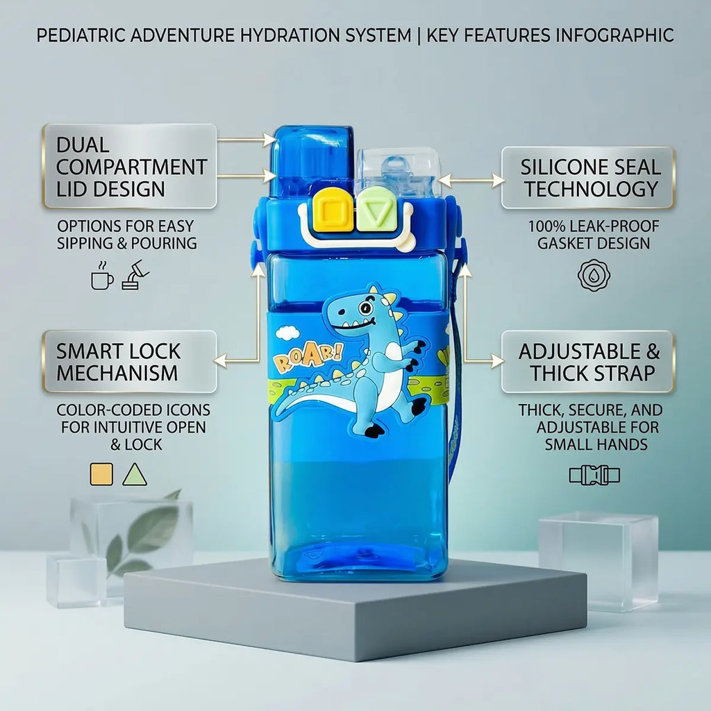 Kids Blue Dinosaur Dual-Spout Sipper Water Bottle with Strap Trending Accessories