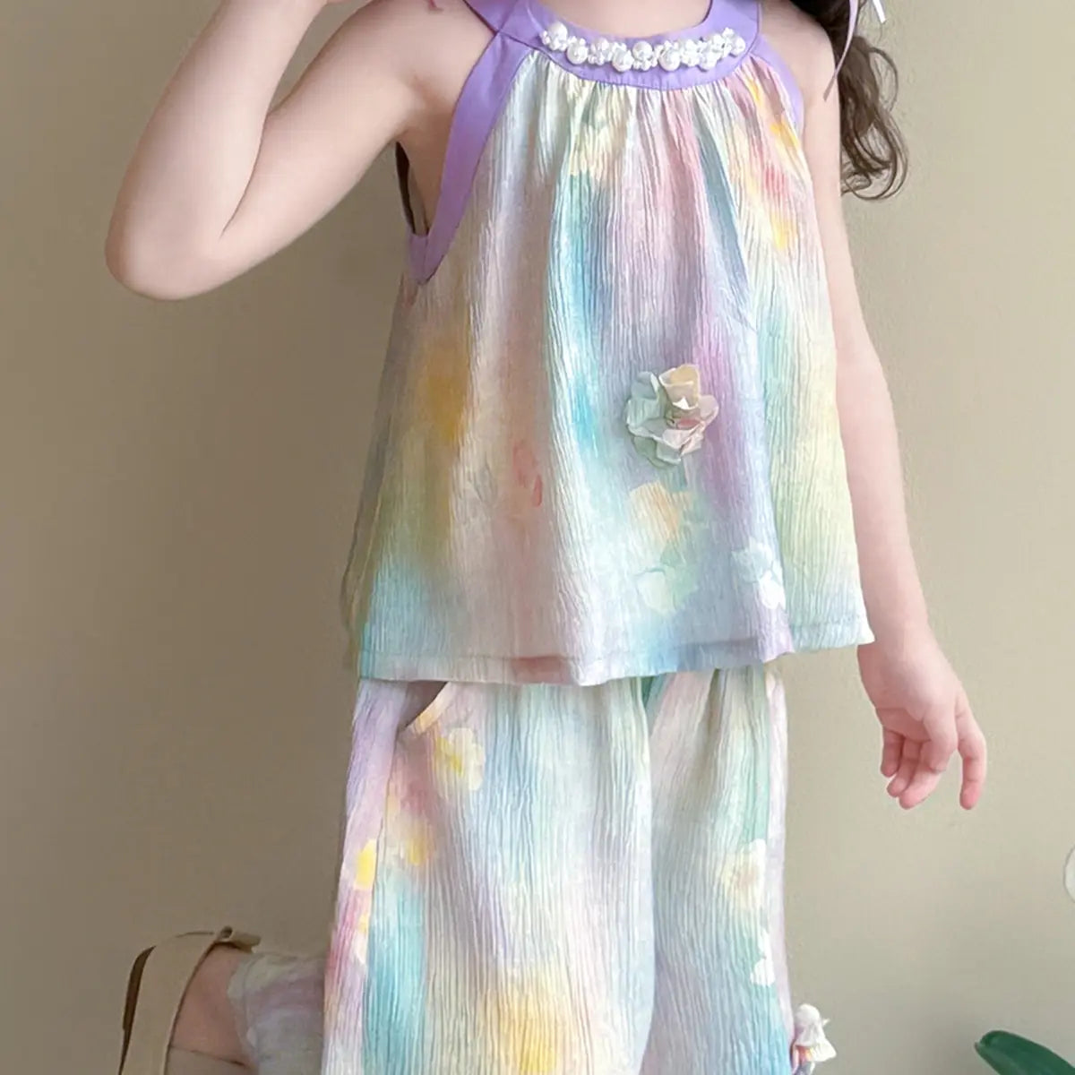 Girls Purple Floral Pearl Detail Top With Pants Sets Sets
