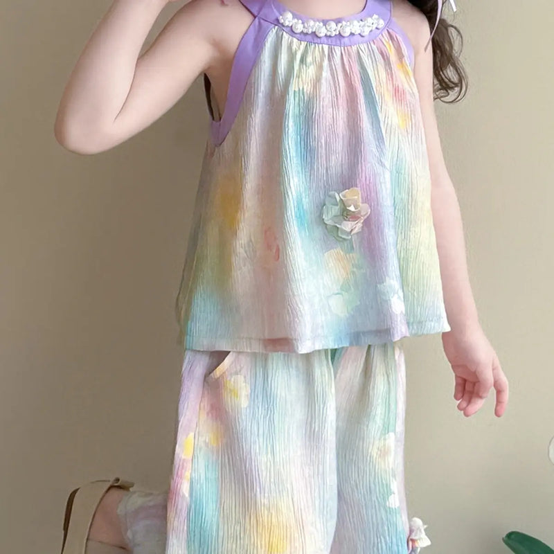 Girls Purple Floral Pearl Detail Top With Pants Sets Sets