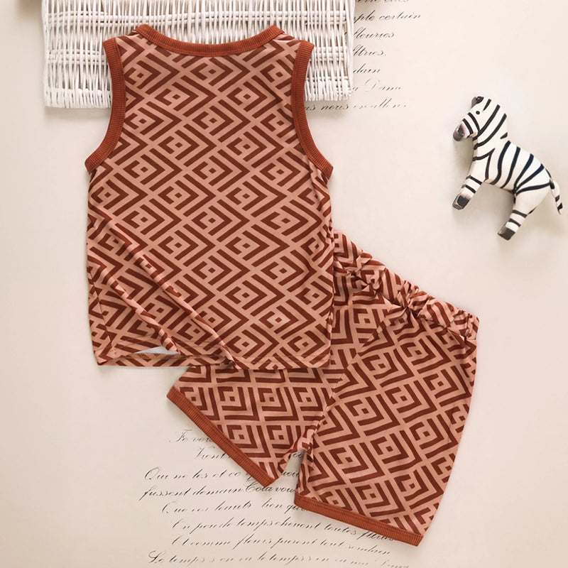Boys Brown Geometric Print Vest With Shorts Sets 2 pc. Sets