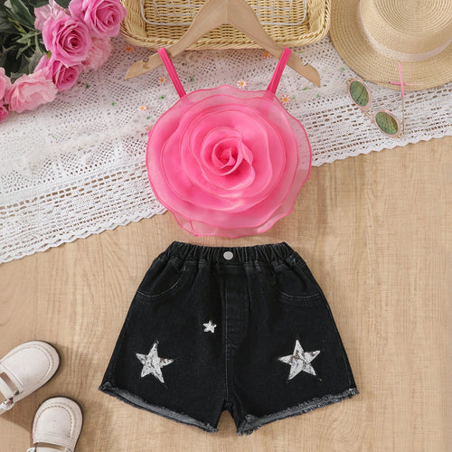 Girls Pink 3D Flower Applique Crop Top With Denim Shorts Set Sets Pink 3-4 Y
