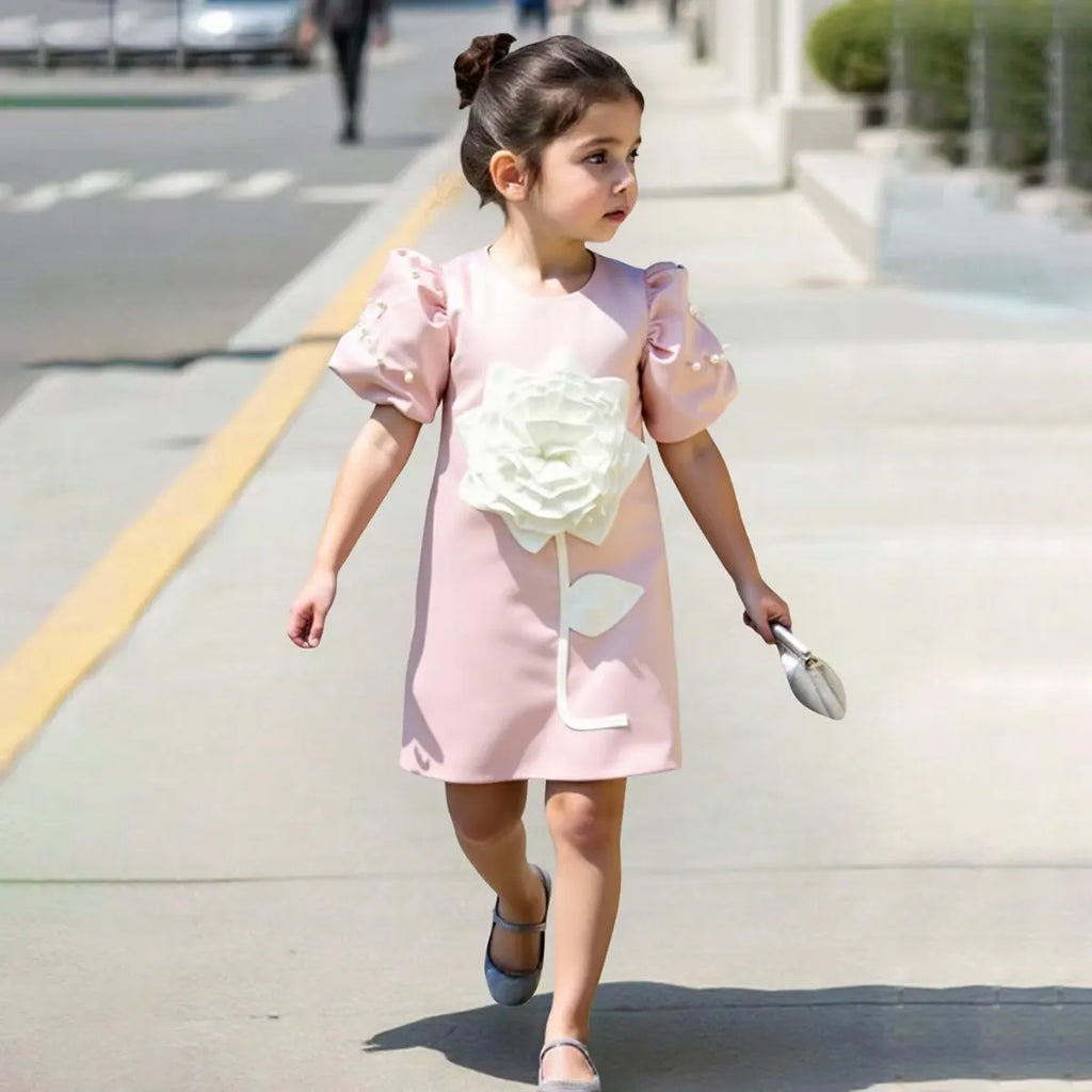 Girls Pink Pearl Embellished A-line Party Dress With 3D Flower applique Party Dresses Pink 2-3 Y