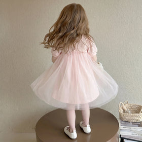 Girls Pink Swan Applique Tulle Overlay A-Line Dress Casual Dresses
