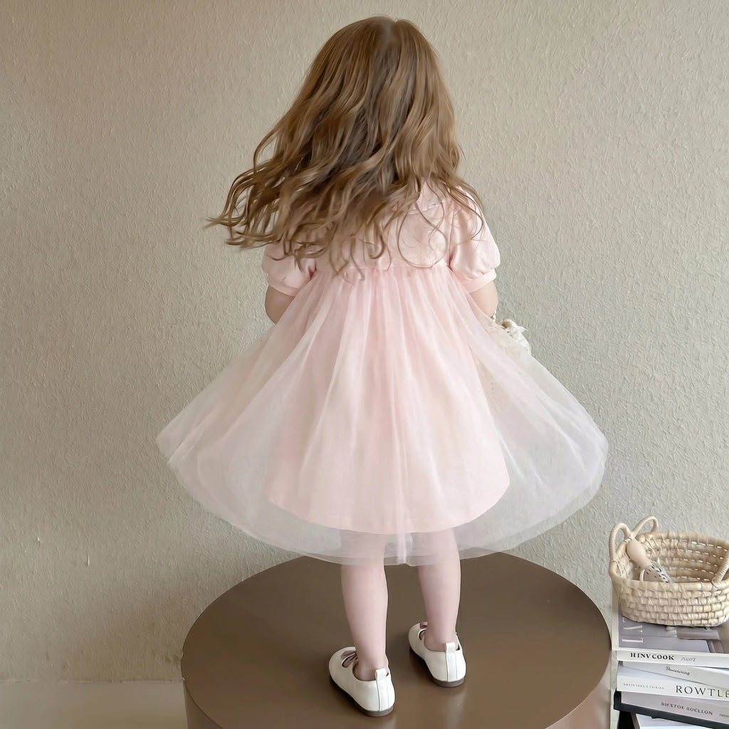 Girls Pink Swan Applique Tulle Overlay A-Line Dress Casual Dresses