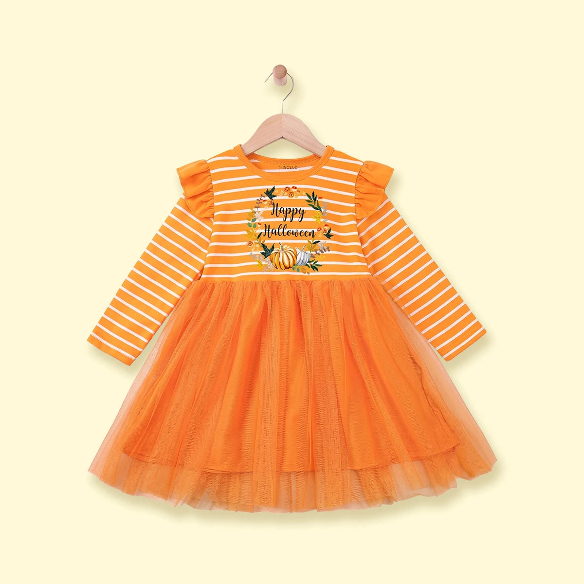 Girls Orange Happy Halloween Print Fit & Flare Dress Casual Dresses Orange 1-2 Y