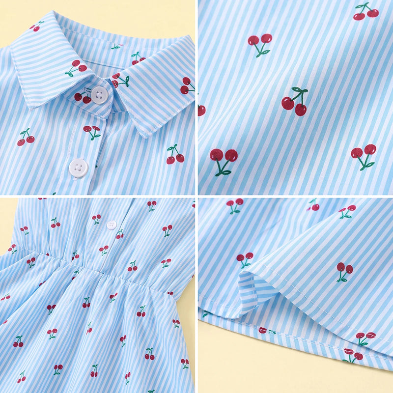 Girls Light Blue Cherry Print Puff Sleeve Fit & Flare Dress Casual Dresses
