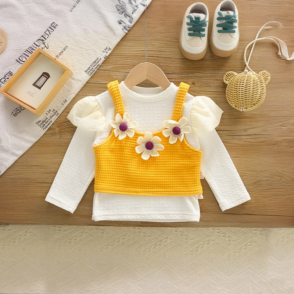Girls Puffed Sleeves Top with Yellow Floral Textured Crop Top & Jeans Sets Sets