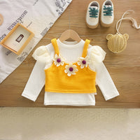 Girls Puffed Sleeves Top with Yellow Floral Textured Crop Top & Jeans Sets Sets