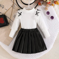 Girls White Bow Applique Top With Pleated Skirt Sets Sets