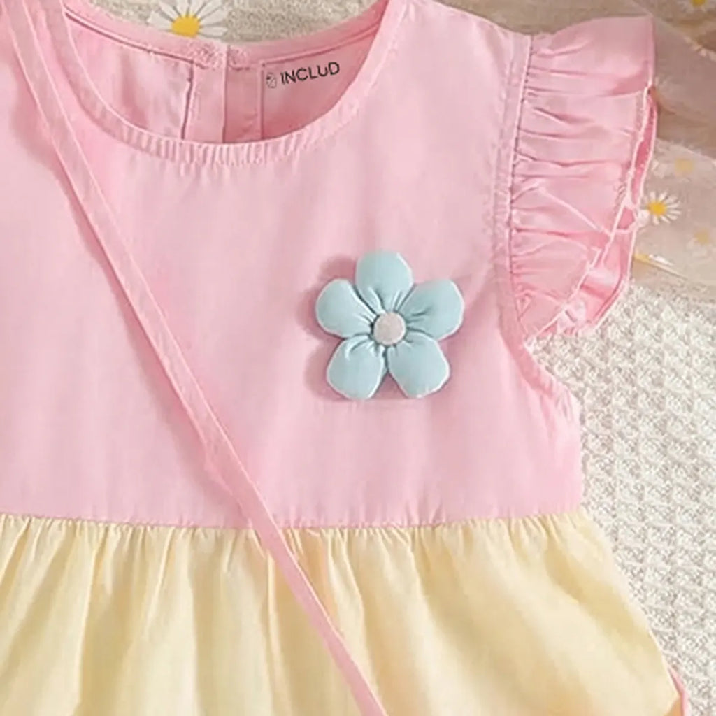 Girls Multicolor Flutter Sleeves Tiered Dress With Floral Sling Bag Casual Dresses