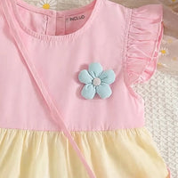 Girls Multicolor Flutter Sleeves Tiered Dress With Floral Sling Bag Casual Dresses