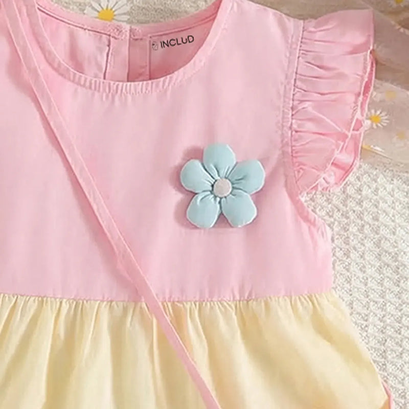Girls Multicolor Flutter Sleeves Tiered Dress With Floral Sling Bag Casual Dresses