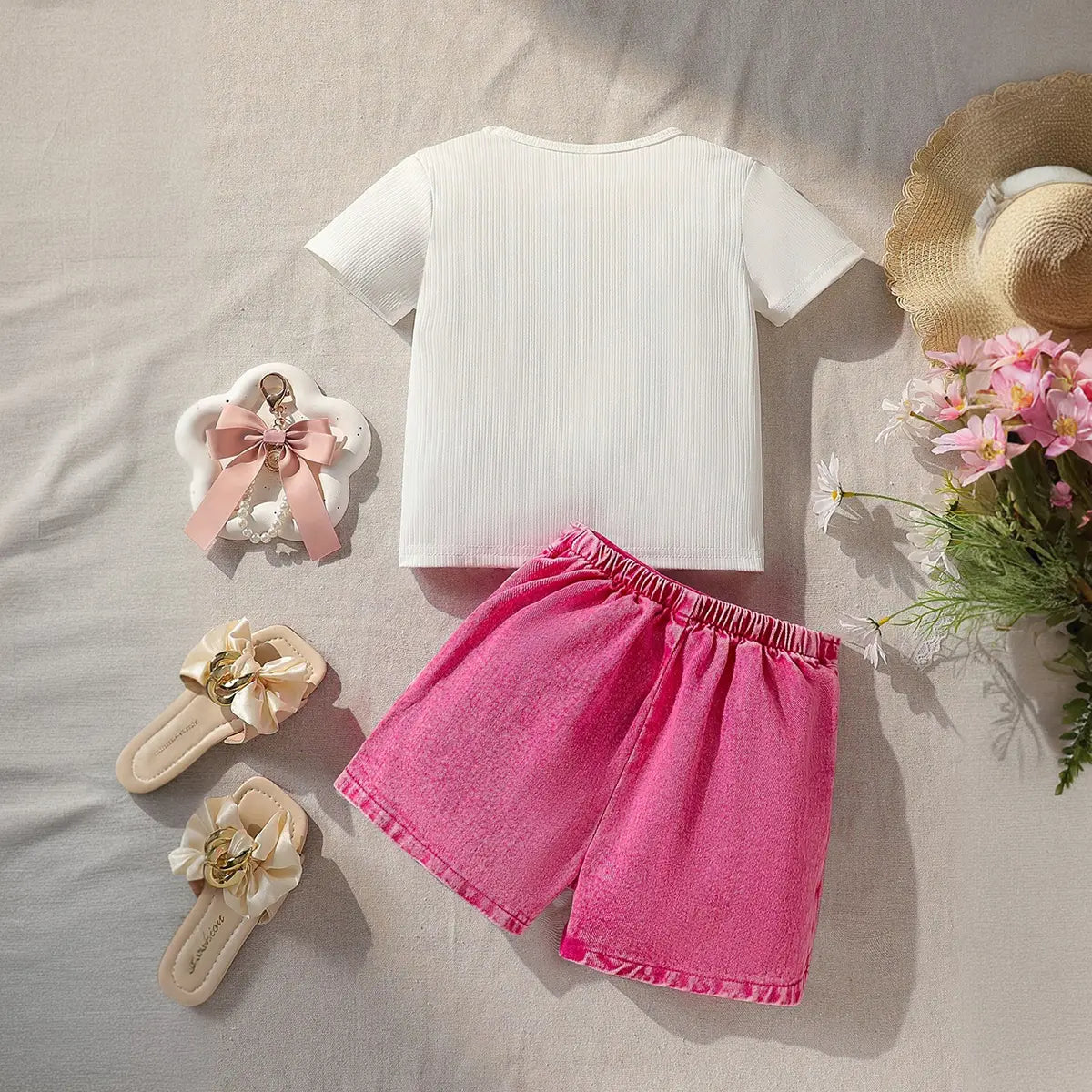 Girls White Bow Printed Short Sleeves Top With Skorts Sets Sets
