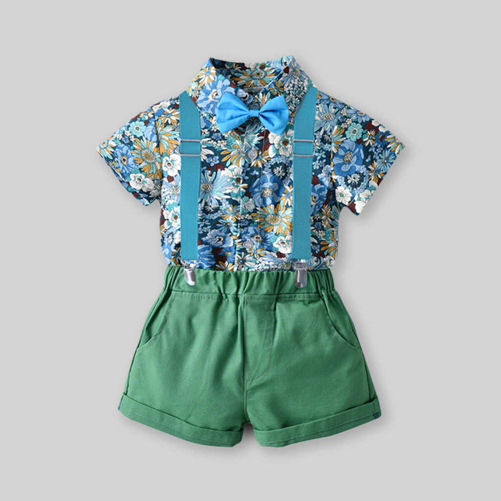 Boys Flower Printed Shirt With Suspender Shorts Set