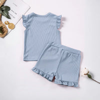 Girls Sky Blue Solid Ribbed Top With Shorts Co-ord Sets Sets