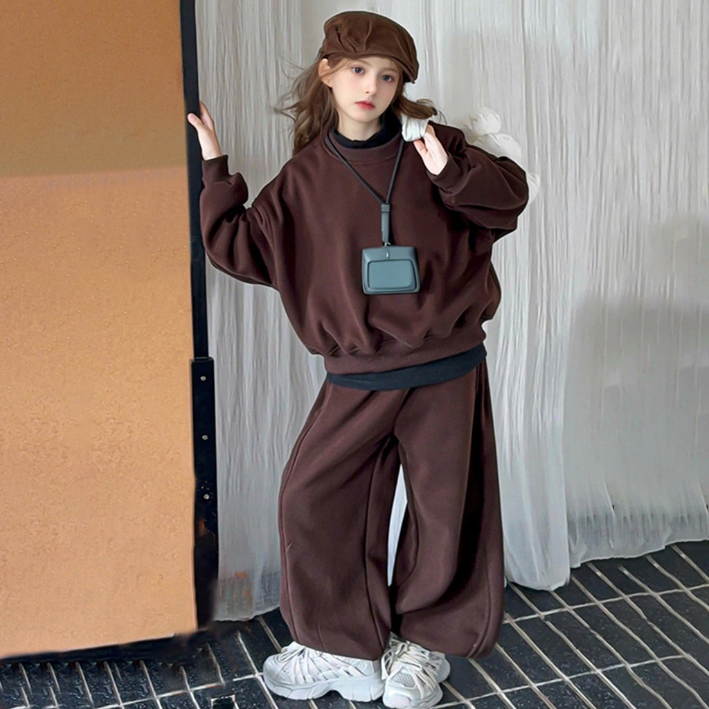 Girls Dark Brown Oversized Sweatshirt With Wide Leg Pants Co-ord Sets Sets