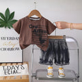 Boys Brown Typographic Printed T-Shirt With Denim Shorts Sets Sets Brown 1-2 Y