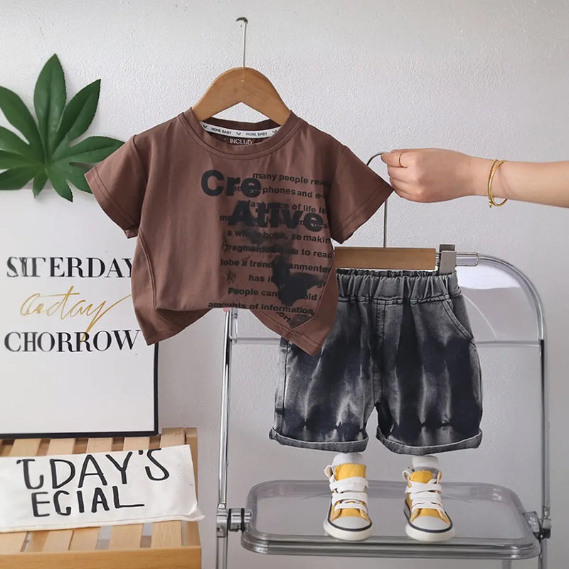 Boys Brown Typographic Printed T-Shirt With Denim Shorts Sets Sets Brown 1-2 Y
