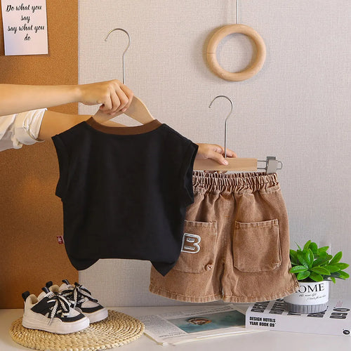 Boys Black Typographic Printed Sleeveless T-Shirt With Shorts Sets Sets