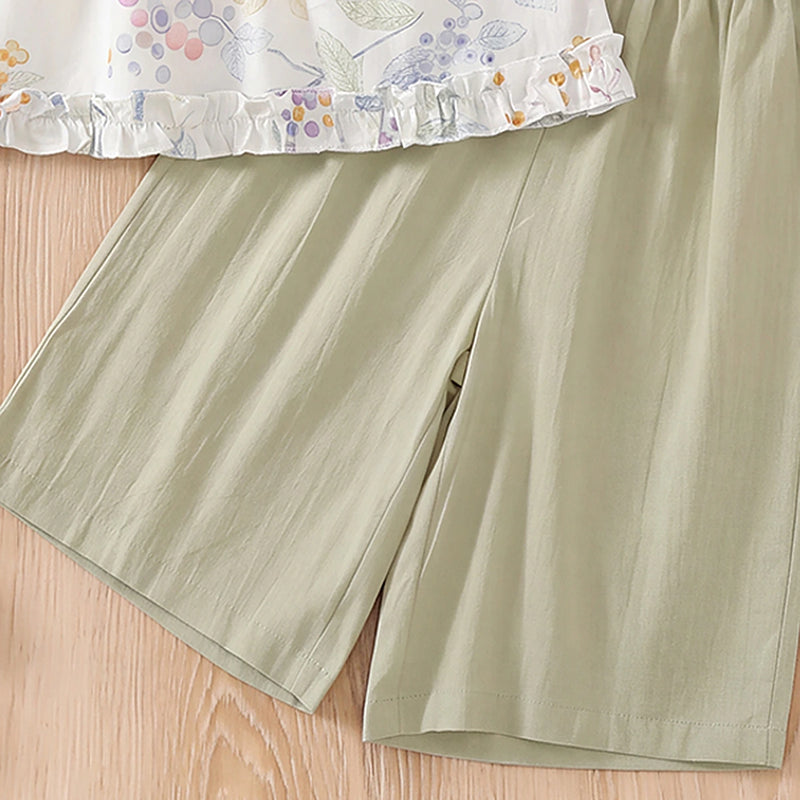 Girls White Floral Print Sleeveless Top With Shorts Sets 2 pc. Sets