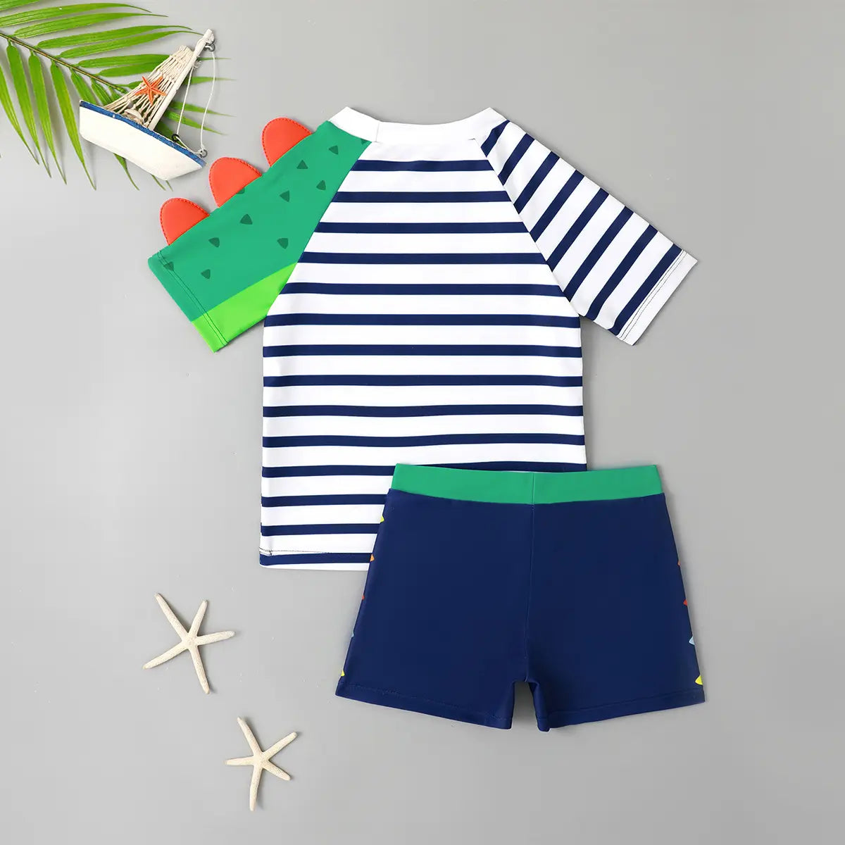 Boys White Stripes Dinosaur Themed T-Shirt With Shorts Swimwear Sets Beachwear