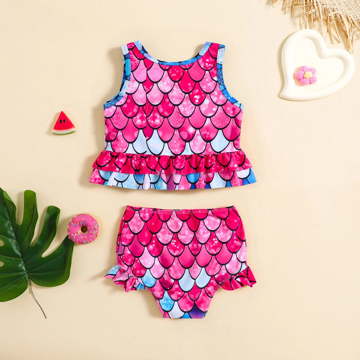 Girls Fuchsia Abstract Printed Peplum Top With Briefs Swimwear Sets Sets