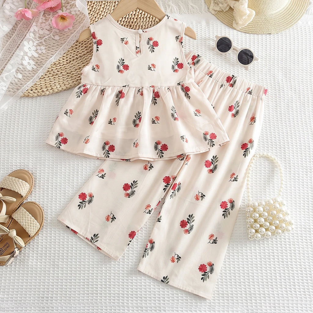 Girls Off White Floral Print Top With Pants Sets 2 pc. Sets