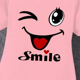 Girls Pink Smile Print Short Sleeve T-Shirt Dress Casual Dresses