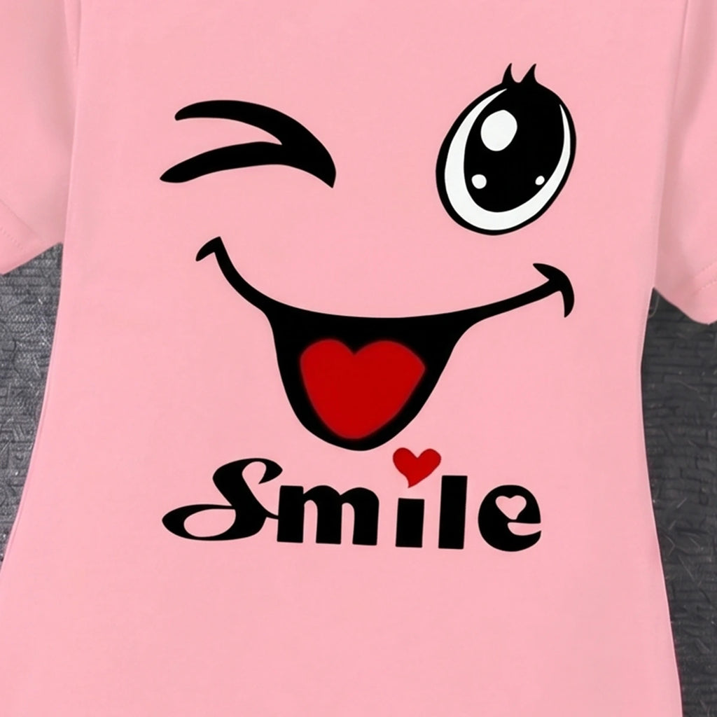 Girls Pink Smile Print Short Sleeve T-Shirt Dress Casual Dresses