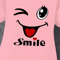 Girls Pink Smile Print Short Sleeve T-Shirt Dress Casual Dresses