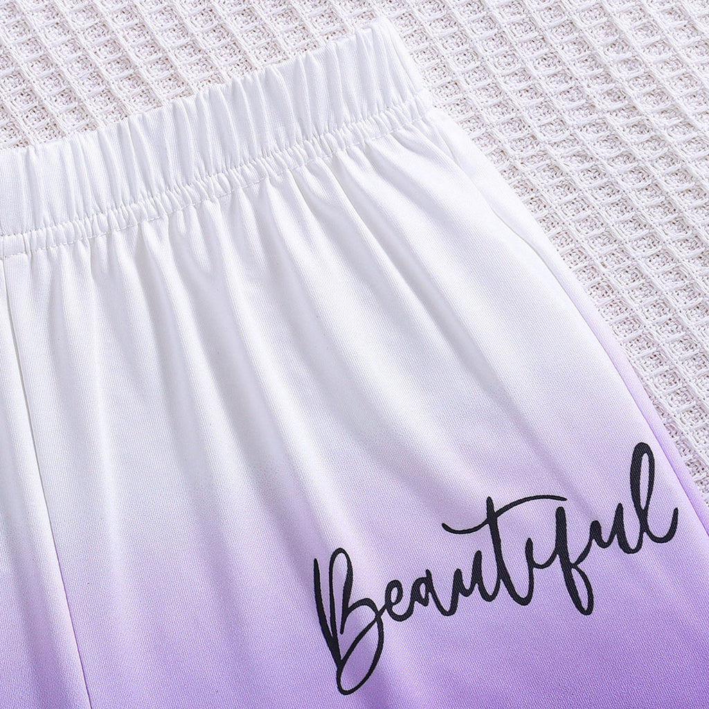 Girls White-Purple Ombre Effect T-shirt with Shorts Set Sets