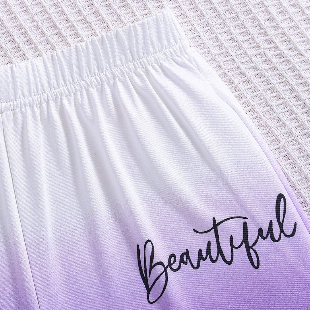 Girls White-Purple Ombre Effect T-shirt with Shorts Set Sets