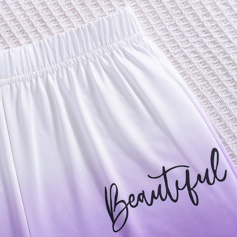 Girls White-Purple Ombre Effect T-shirt with Shorts Set Sets