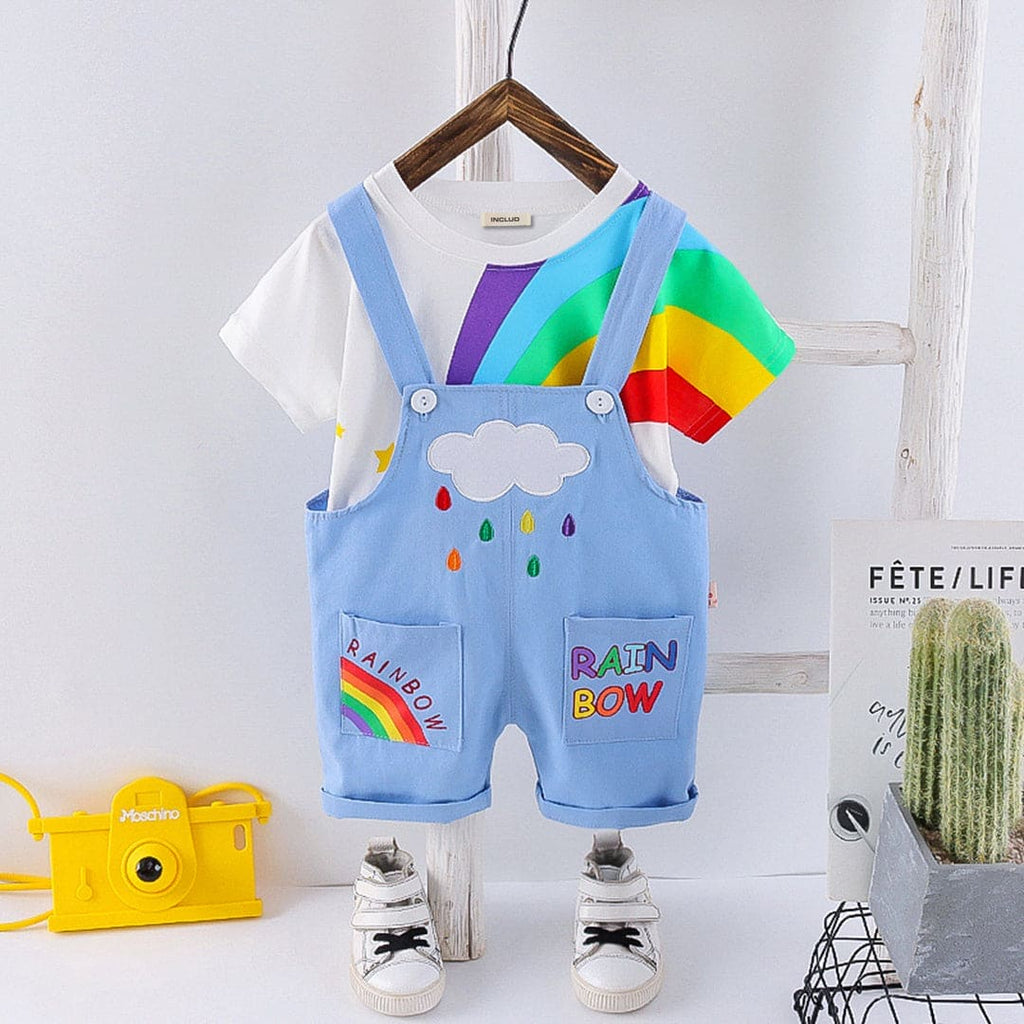 Boys Blue Rainbow Print T-Shirt With Dungaree Set