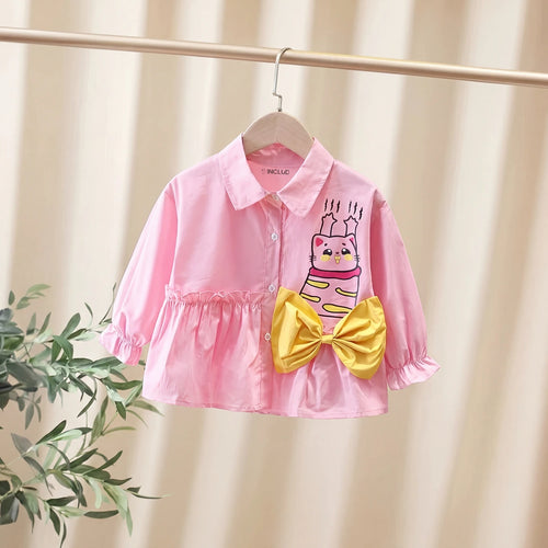 Girls Pink Cat Printed Peplum Shirt with Contrast Bow Shirts Light Pink 2-3 Y
