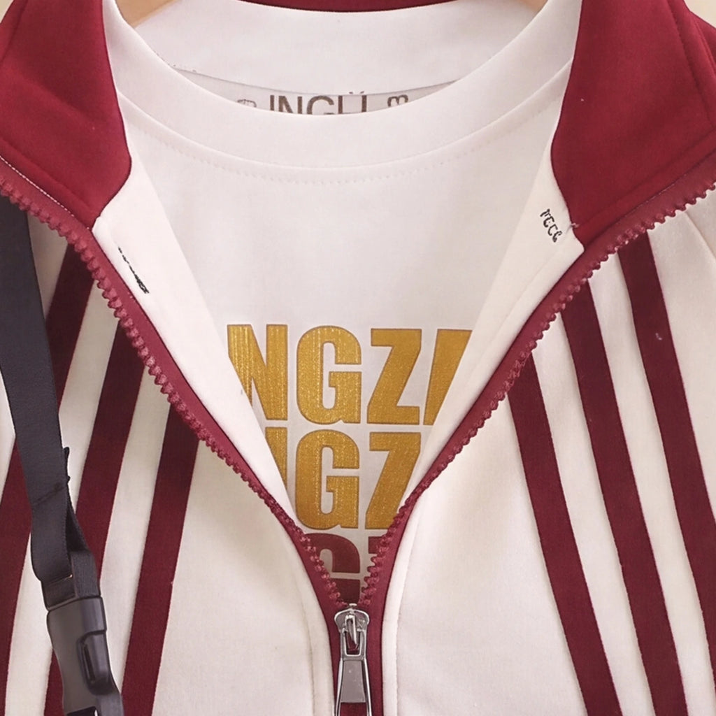 Boys Maroon Striped Jacket & Joggers With T-Shirt Sets 3 pc. Sets