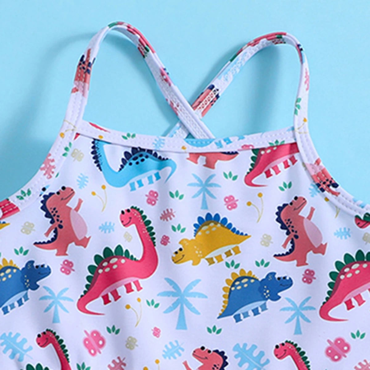 Girls White Dinosaur Printed Peplum Top With Briefs Swimwear Sets Sets