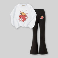 Girls White Heart Print Sweatshirt with Flared Pants Set 2 pc. Sets White 7-8 Y