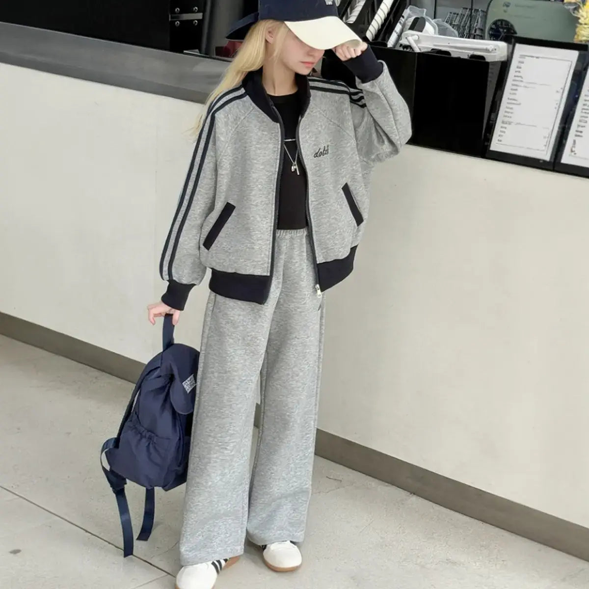 Girls Grey Zipper Jacket With Pant Sets Sets