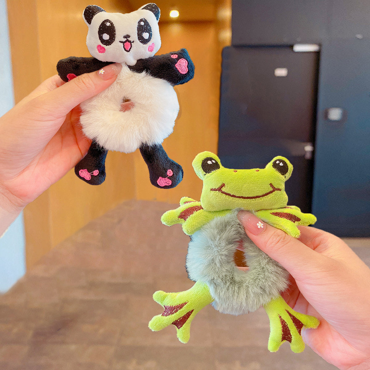 Girls Plush Frog & Panda Hair Tie Combo - Pack of 2 Trending Accessories Multicolor Onesize