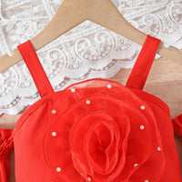 Girls Red Rose Cold Shoulder Top With Heart Embroidered Denim Shorts Sets Sets