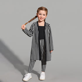Girls Black Houndstooth Print Long Cardigan with Leggings & Spaghetti Top Set Sets
