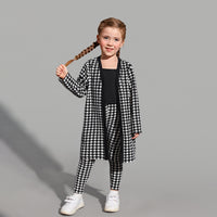 Girls Black Houndstooth Print Long Cardigan with Leggings & Spaghetti Top Set Sets