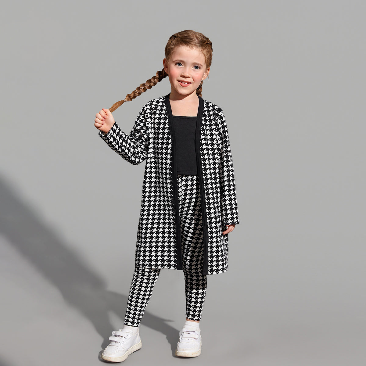 Girls Black Houndstooth Print Long Cardigan with Leggings & Spaghetti Top Set Sets