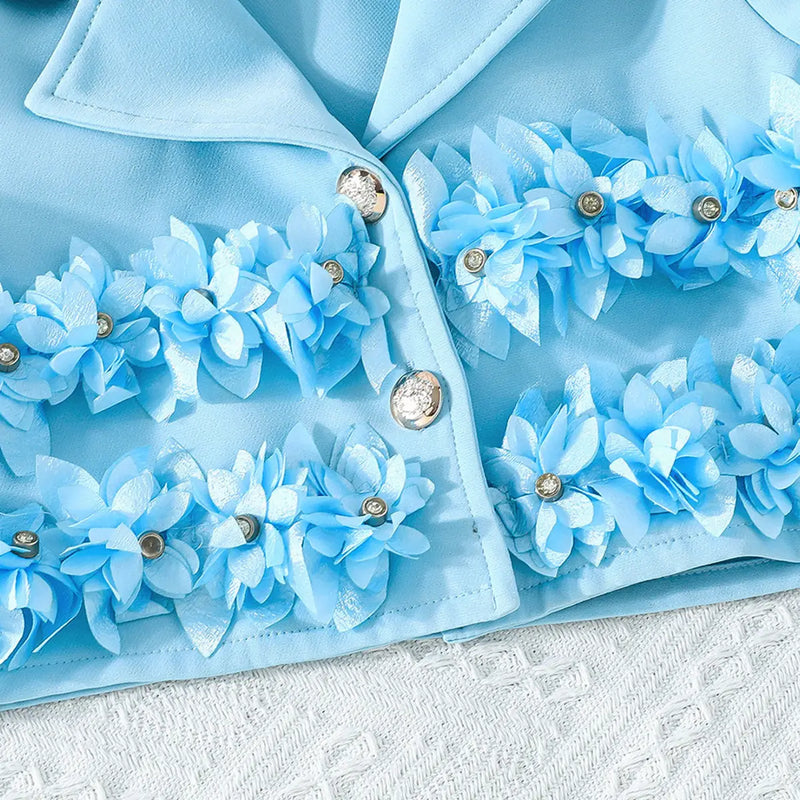 Girls Blue Floral Applique Top With Camisole Top And Pleated Skirts Sets 3 pc. Sets