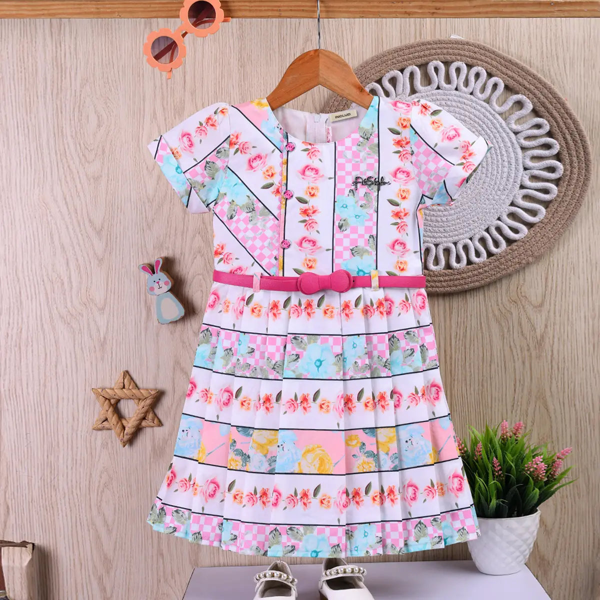 Girls Multicolor Floral Short Sleeve Fit & Flare Dress With Belt Casual Dresses Multicolor 3-4 Y