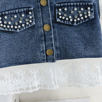 Girls Blue Embroidered Lace Sleeve Denim Top With Denim Shorts Sets 2 pc. Sets