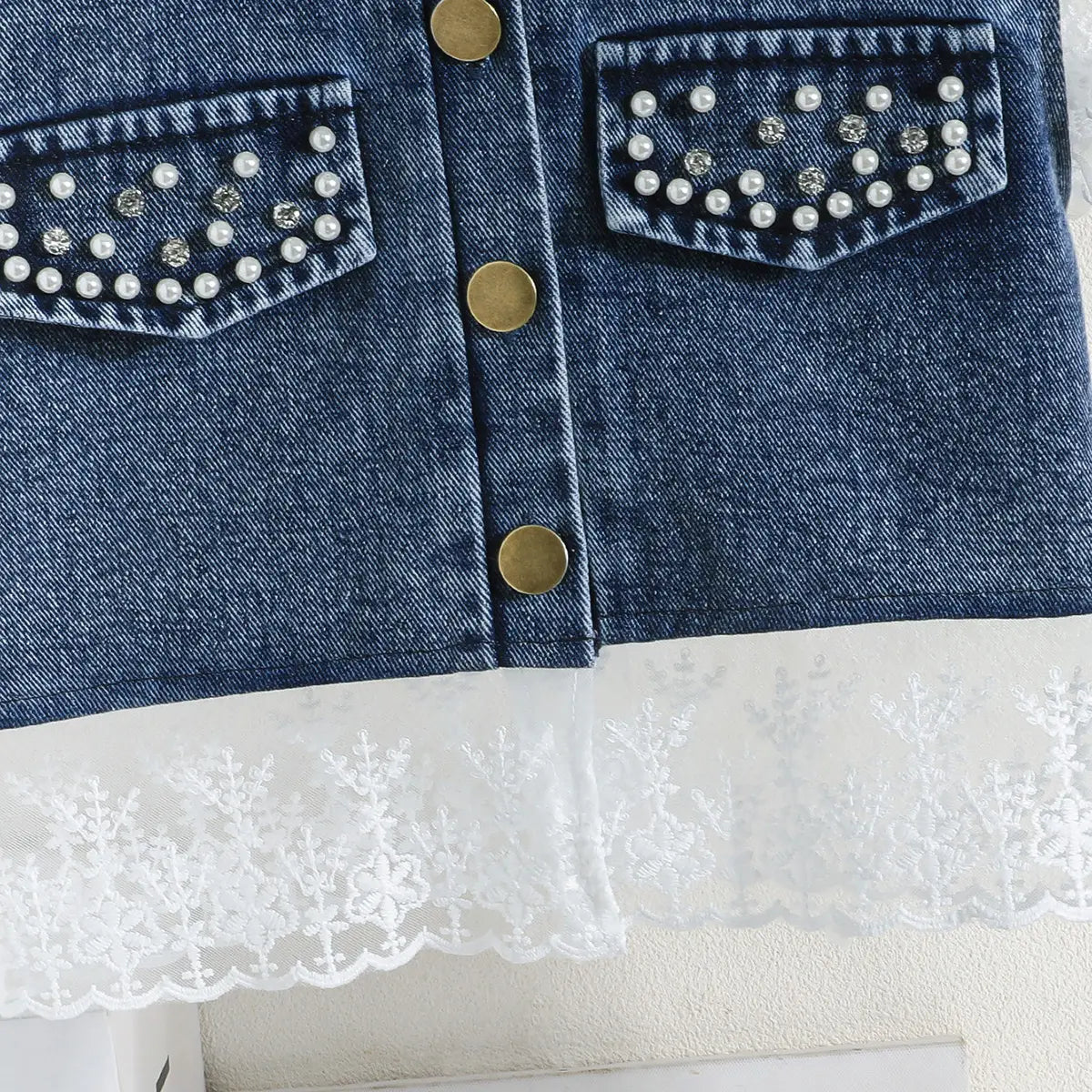 Girls Blue Embroidered Lace Sleeve Denim Top With Denim Shorts Sets 2 pc. Sets