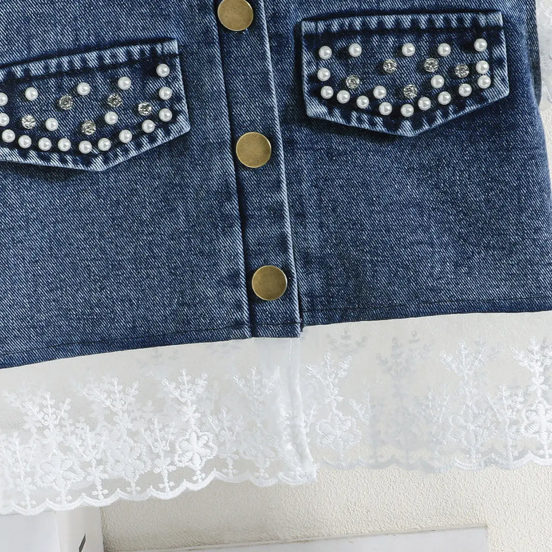 Girls Blue Embroidered Lace Sleeve Denim Top With Denim Shorts Sets 2 pc. Sets