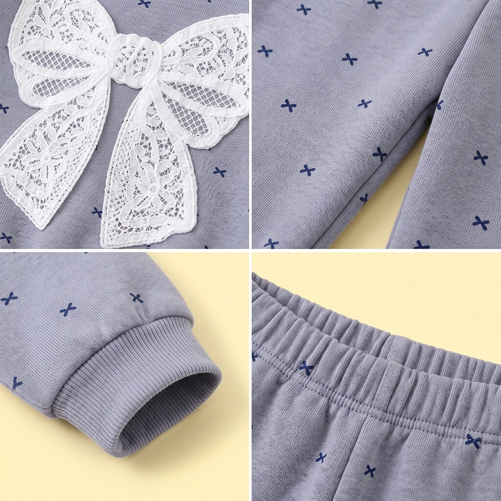 Girls Grey Bow Printed Sweatshirt & Pants Co-ord Sets Sets